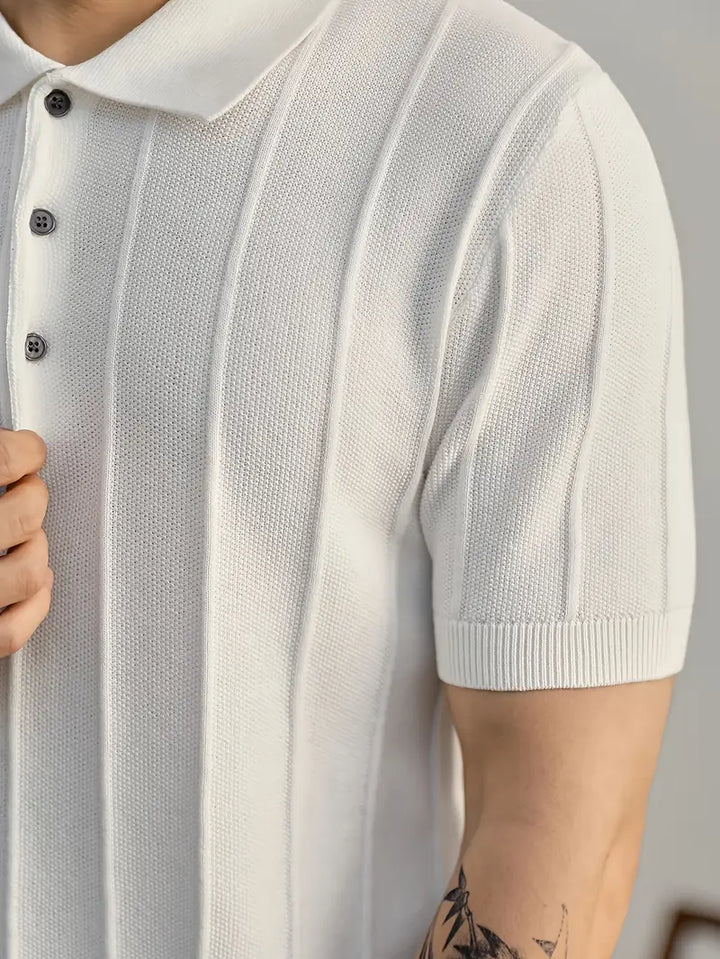 White men's casual polo, buttonless, textured knit, perfect for daily sophisticated style.