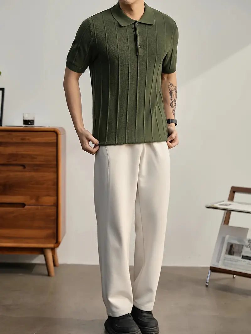 White men's short sleeve polo shirt, sophisticated textured knit, slim fit.