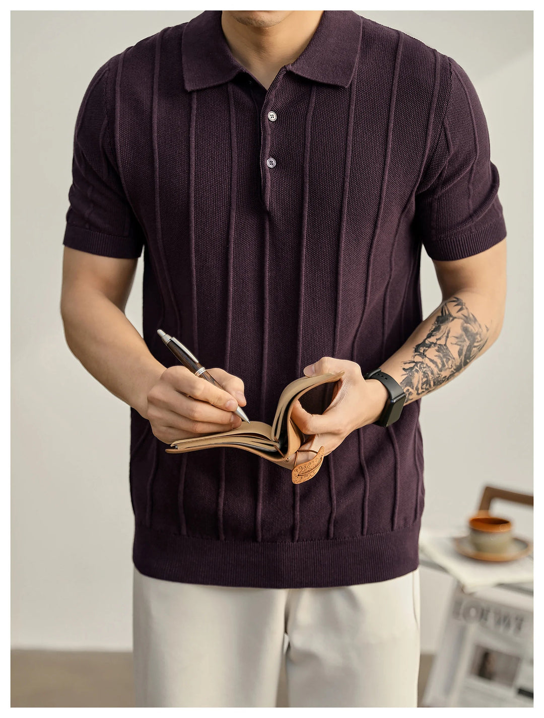 Sophisticated textured knit men's polo in a comfortable slim fit, short sleeve.