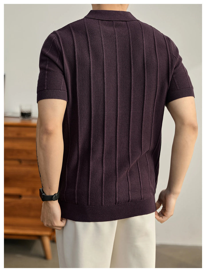 Olive short sleeve textured polo for men, ideal for a refined casual look.