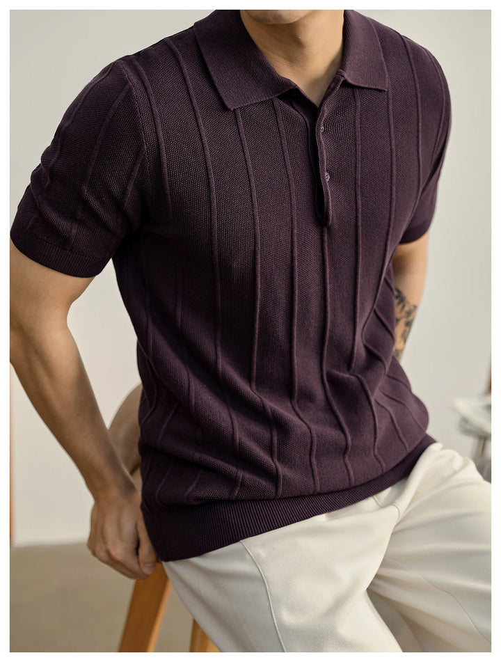 Burgundy men's polo, buttonless design, luxurious textured knit, comfortable.