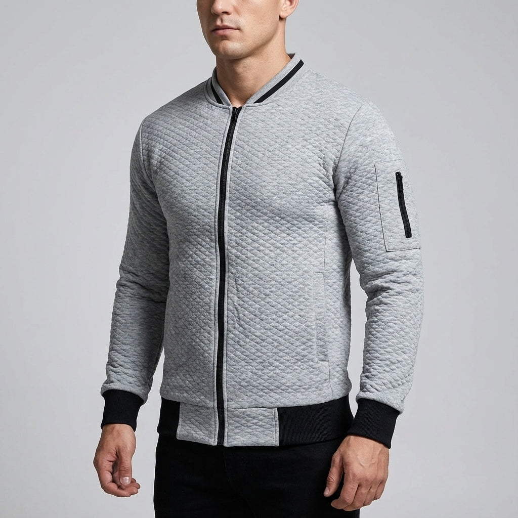 Sporty men's casual slim fit jacket, quilted design with functional arm zipper