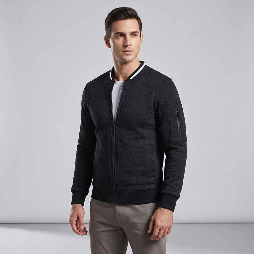 Quilted men's slim fit jacket, modern design with practical arm zipper feature