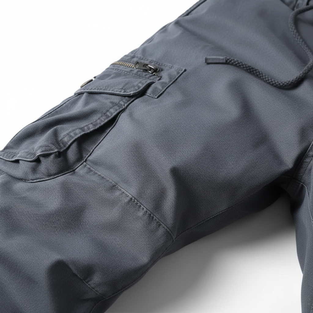 Close-up of men's robust cotton cargo pants fabric texture, showcasing durability and quality.