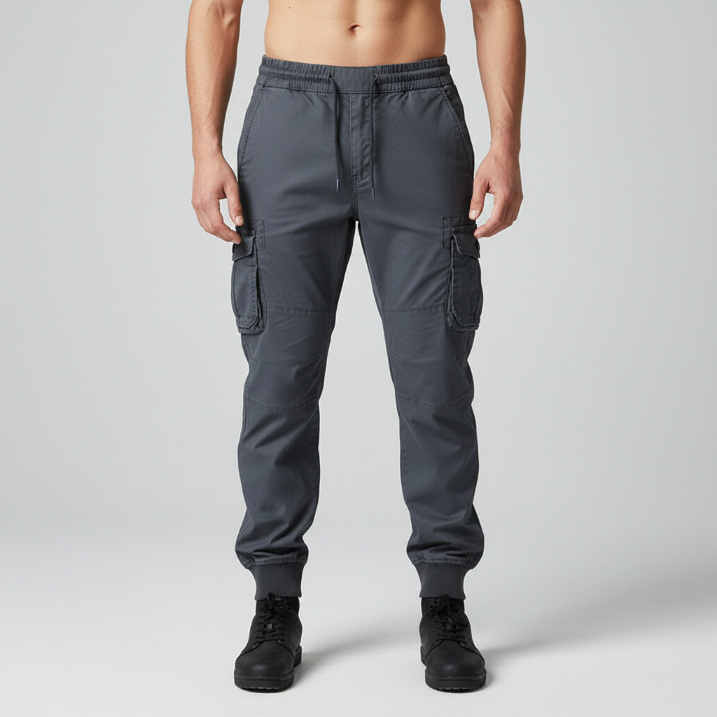 Stylish men's cargo pants, military-inspired design with spacious pockets, perfect for utility wear.