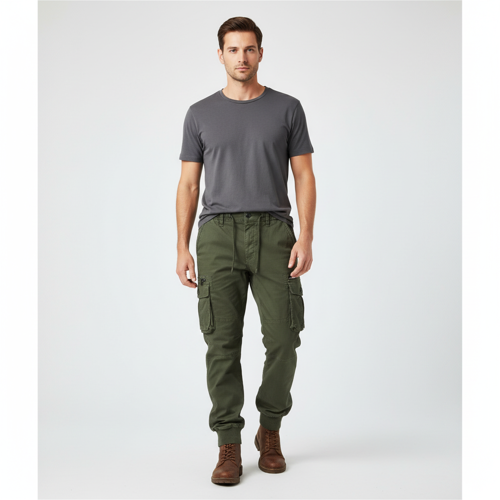 Full shot of men's robust cargo pants, demonstrating relaxed fit and practical side cargo pockets.