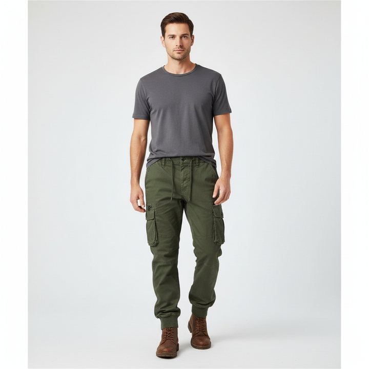 Full shot of men's robust cargo pants, demonstrating relaxed fit and practical side cargo pockets.