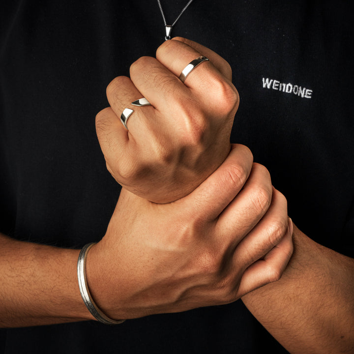 Sleek silver men's open ring. A durable and sturdy statement piece for men, perfect as a bold gift for him.