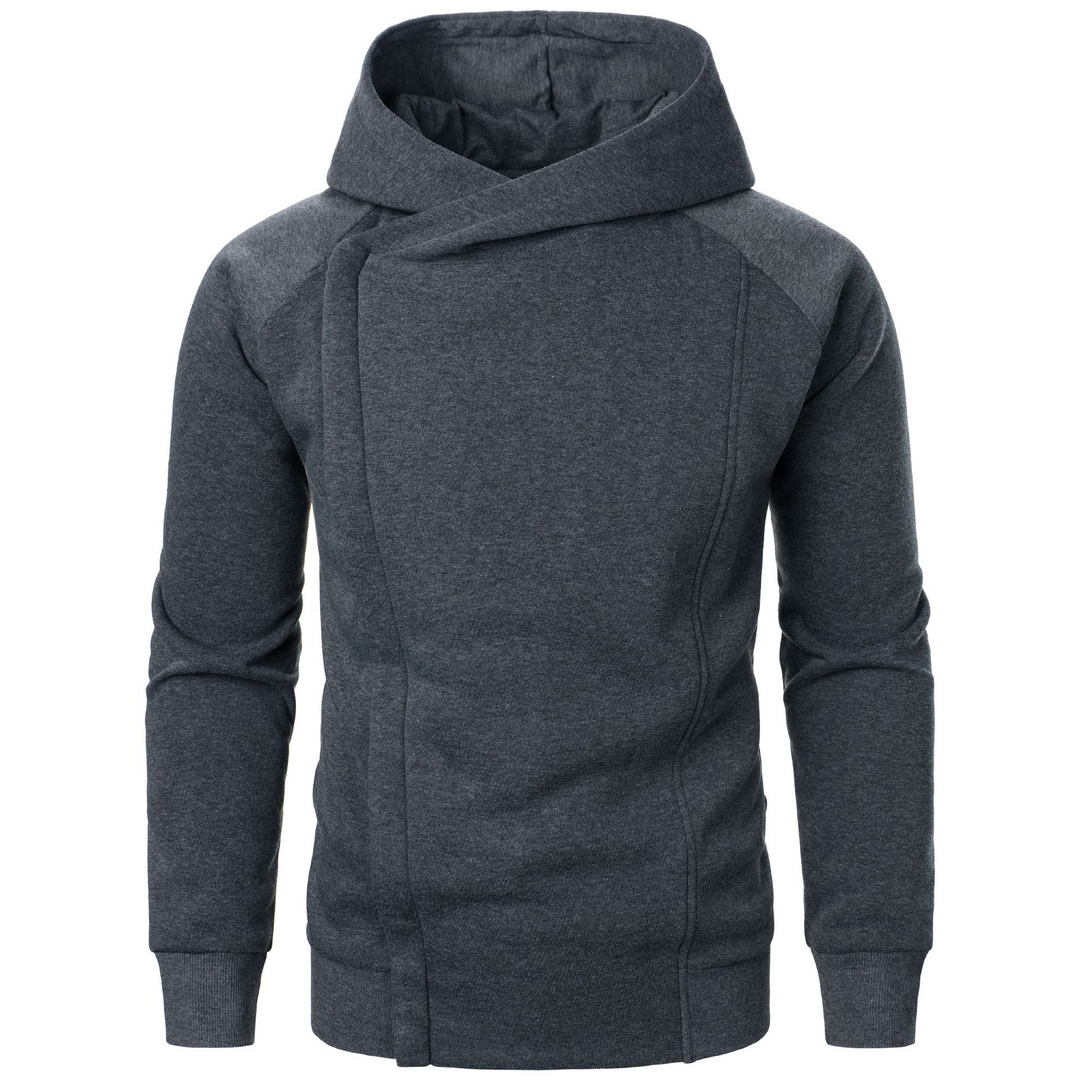 Men's Rogue Flow Urban Stealth Hoodie. Dark grey asymmetric design, perfect for streetwear & urban fashion.