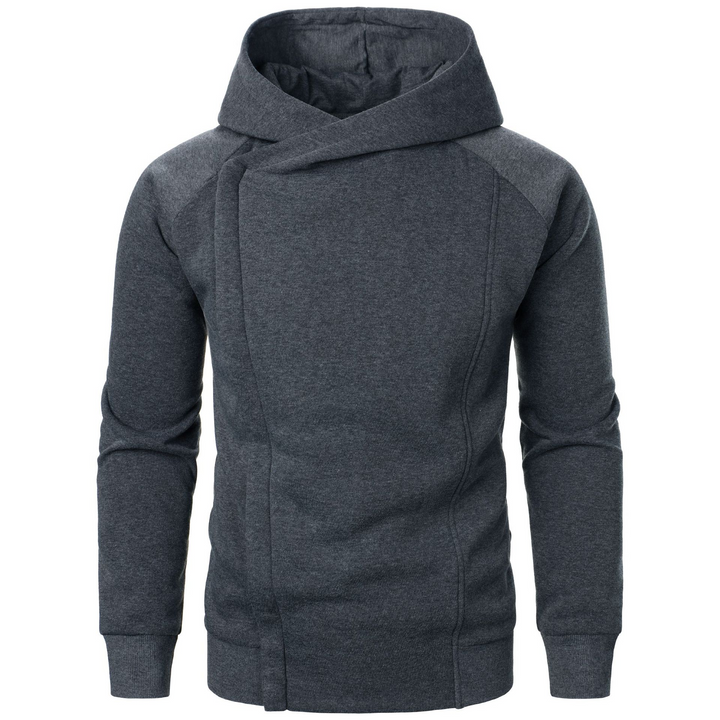Men's Rogue Flow Urban Stealth Hoodie. Dark grey asymmetric design, perfect for streetwear & urban fashion.