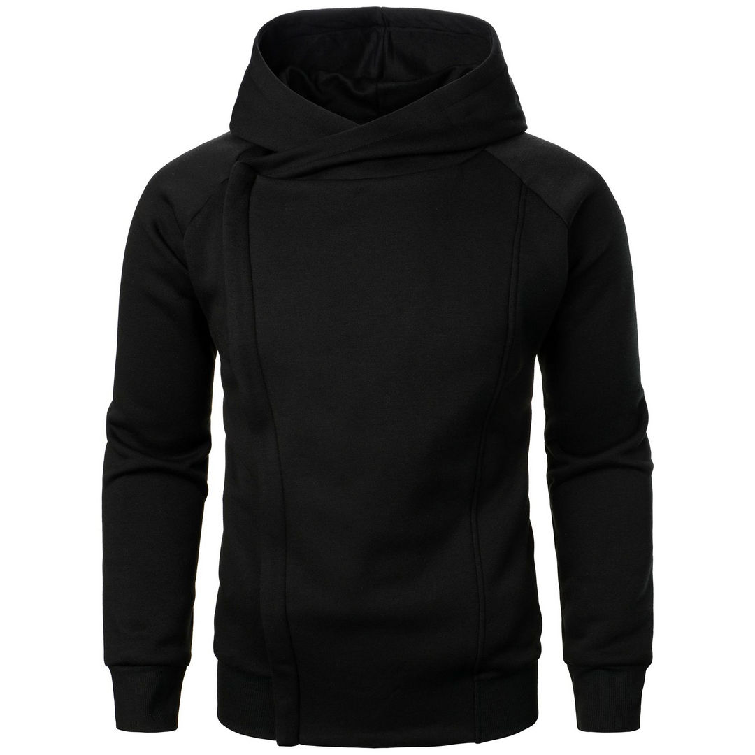 Men's Rogue Flow hoodie in black with unique asymmetric hem and stealth urbanwear design. Street style.