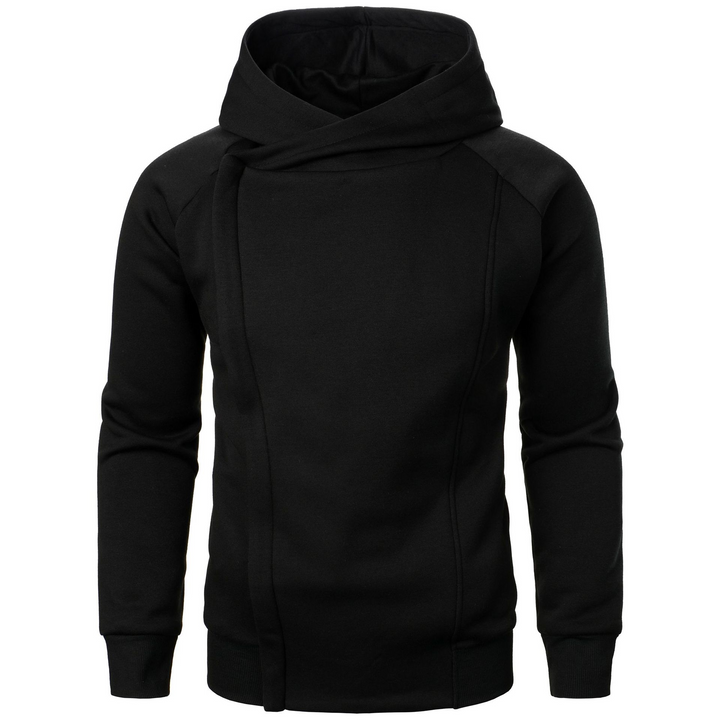 Men's Rogue Flow hoodie in black with unique asymmetric hem and stealth urbanwear design. Street style.