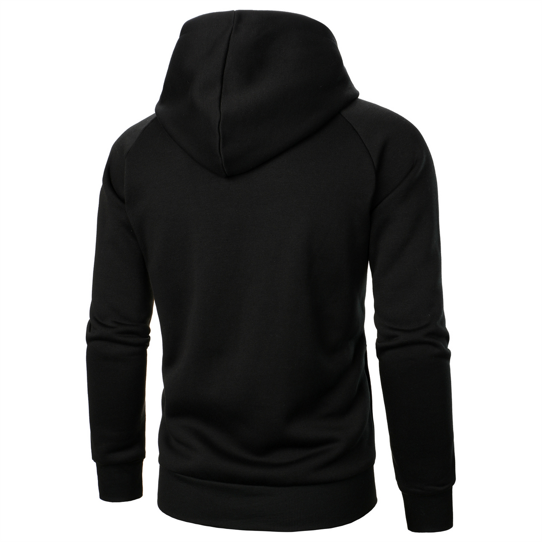 Edgy men's asymmetric hoodie, 'Rogue Flow Urban Stealth'. Modern dark aesthetic for urban fashion & layering.