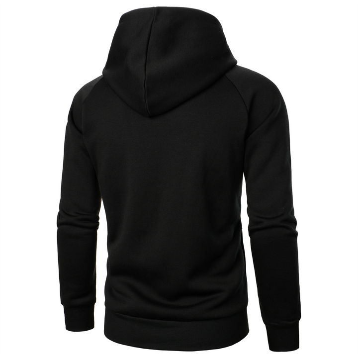 Edgy men's asymmetric hoodie, 'Rogue Flow Urban Stealth'. Modern dark aesthetic for urban fashion & layering.