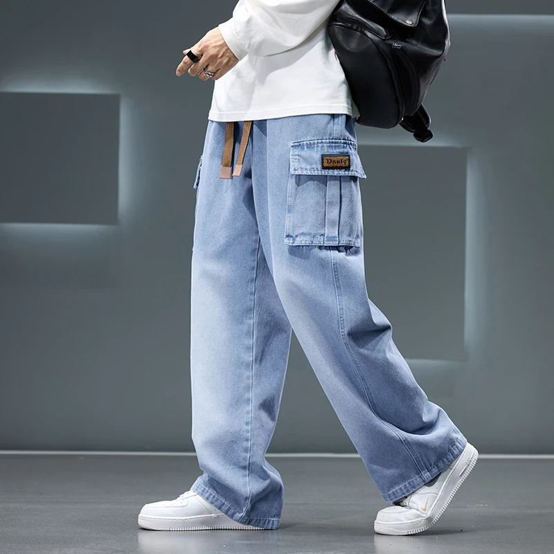 Men's wide leg cargo pants, relaxed fit, vintage wash, perfect for comfortable streetwear style.
