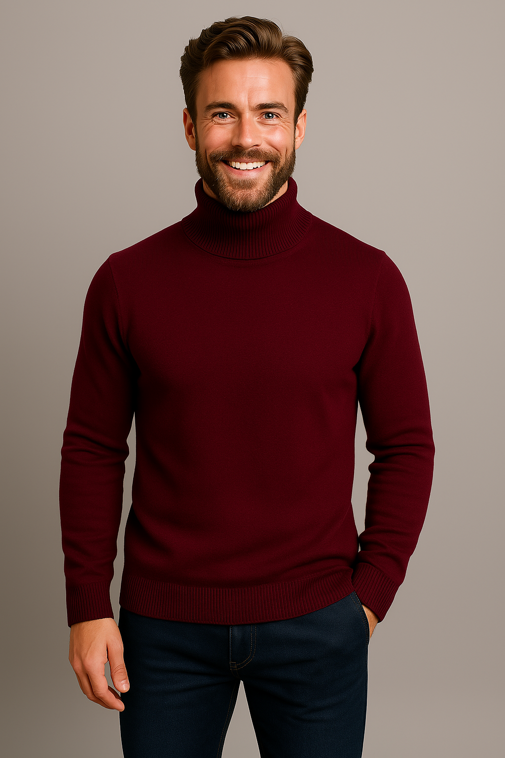 All season men's roll neck polo sweater. Smart casual long sleeve jumper with tailored fit, ideal for evenings.