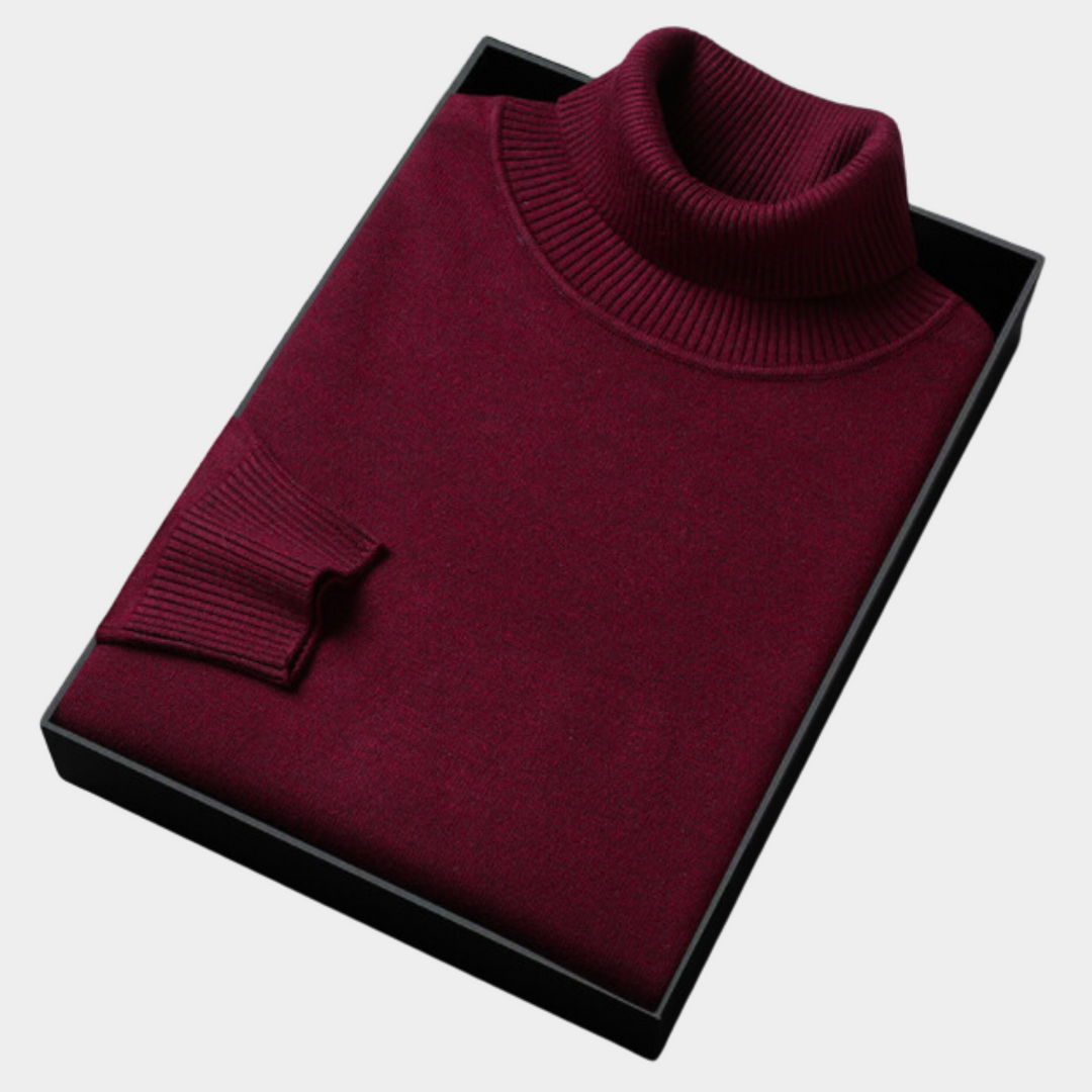 Men's tailored roll neck polo sweater. Stylish long sleeve jumper for smart casual occasions and evening wear.