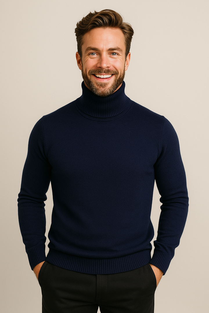 Versatile men's roll neck polo sweater. Smart casual long sleeve jumper for all season and evening wear.