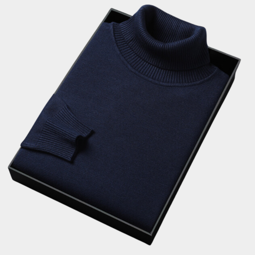 Classic men's roll neck polo sweater. Long sleeve tailored fit jumper, perfect for smart casual evening attire.