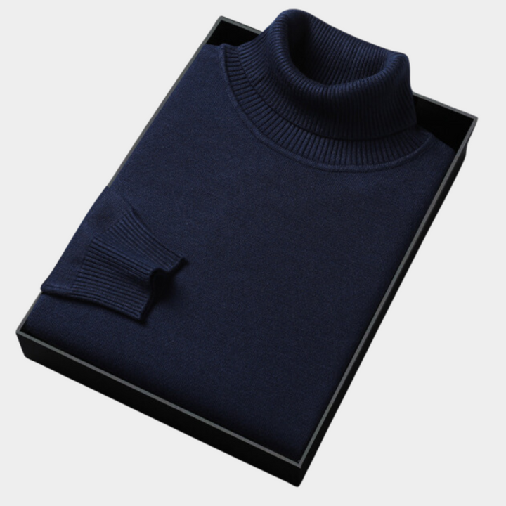 Classic men's roll neck polo sweater. Long sleeve tailored fit jumper, perfect for smart casual evening attire.