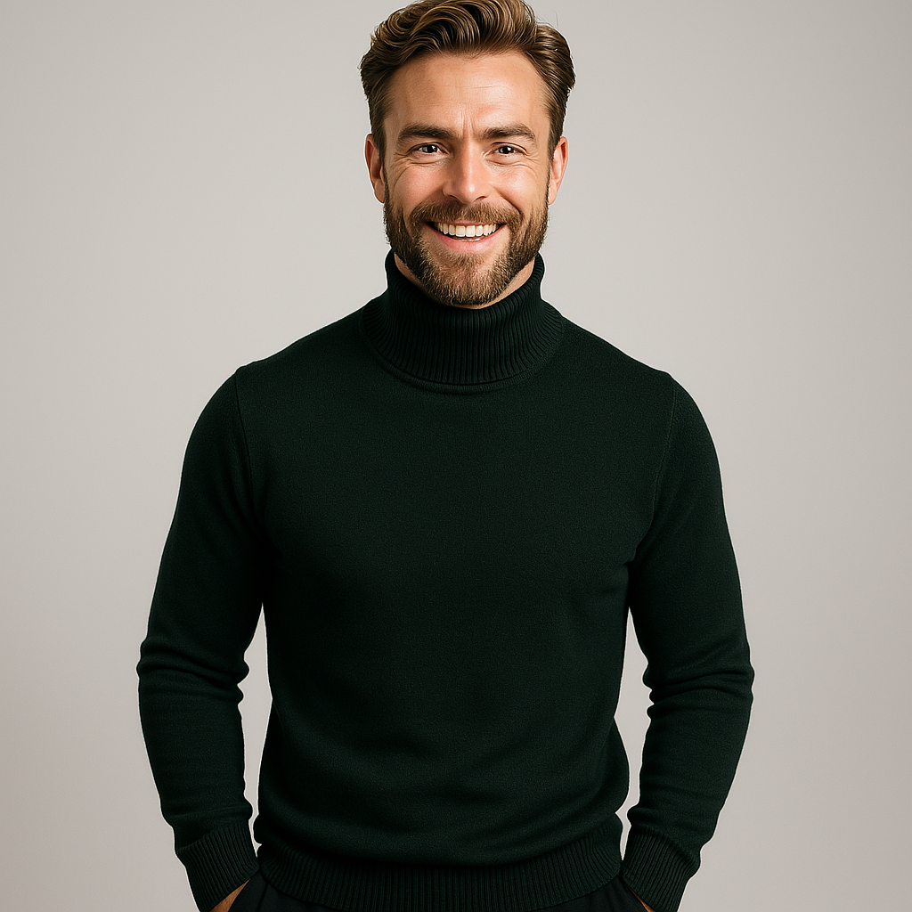 Modern men's roll neck polo sweater. A smart casual long sleeve jumper, ideal for contemporary men's fashion.