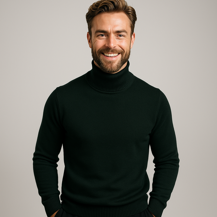 Modern men's roll neck polo sweater. A smart casual long sleeve jumper, ideal for contemporary men's fashion.