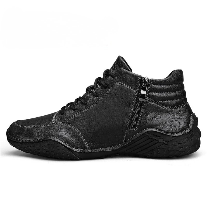 Rugged men's dark brown ankle boots with side zipper, ensuring easy wear and long-lasting durability.