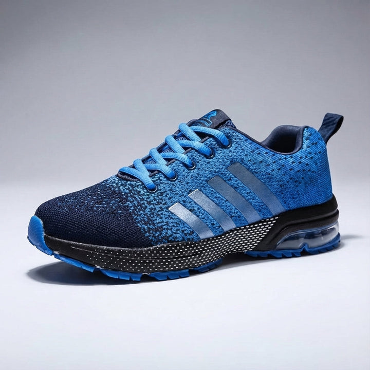 Rudy men's running shoes, breathable grey upper, blue accents, cushioned for active wear