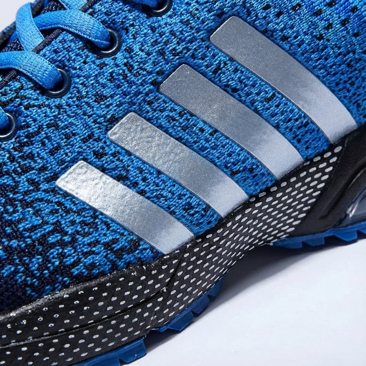 Pair of Rudy men's athletic sneakers, advanced cushioning, vibrant blue and black design for running