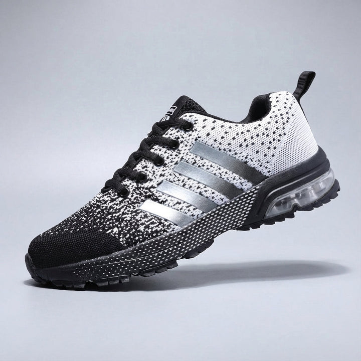 Action shot of Rudy men's cushioned athletic shoes, enhancing performance during a run