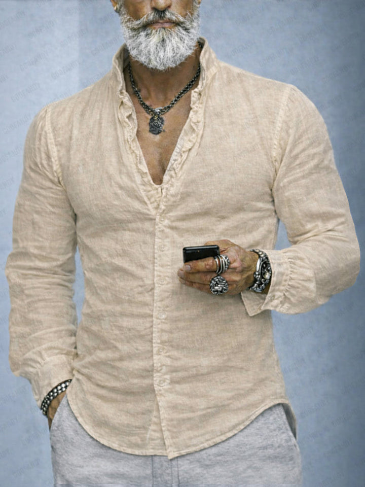 Stylish men's slim fit shirt with unique ruffled neck detail and long sleeves, perfect for versatile casual fashion.