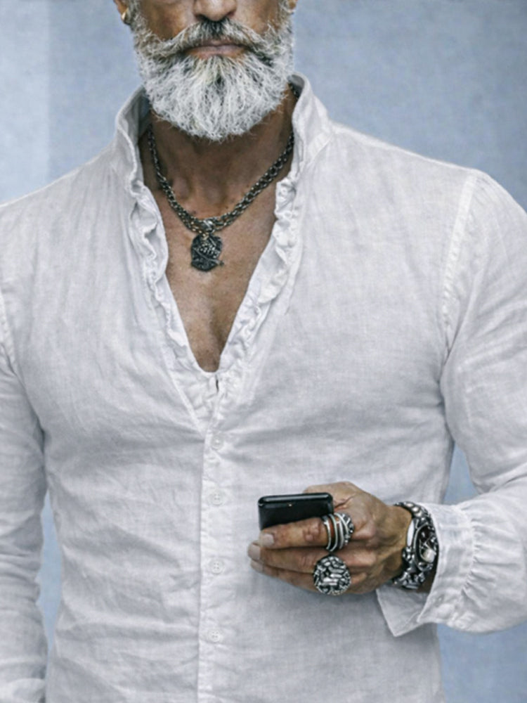 Contemporary men's long sleeve button-up shirt, offering a slim fit and fashionable ruffled neck for casual outfits.