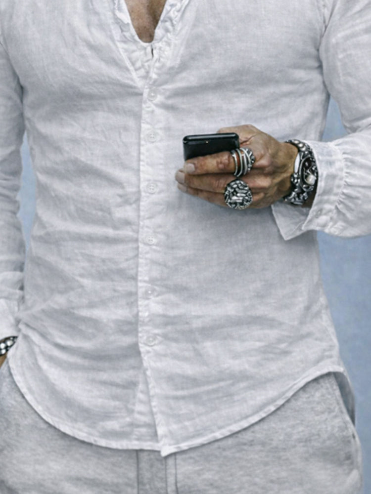 Elegant men's ruffled long sleeve shirt with a slim fit and button-up front, ideal for modern casual and daily wear.