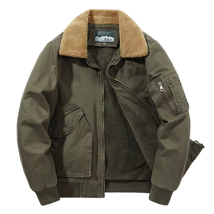 Men's rugged aviator bomber jacket in brown, perfect for fall and winter cold weather fashion.