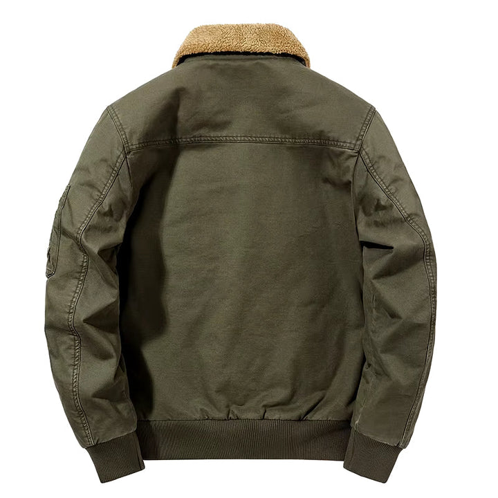 Warm insulated men's utility jacket, a timeless aviator bomber style for cold weather outerwear.
