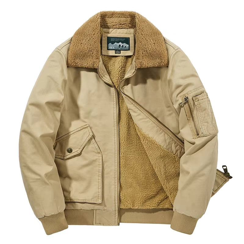 Stylish men's aviator bomber jacket, a warm & rugged utility outerwear for cold weather fashion.