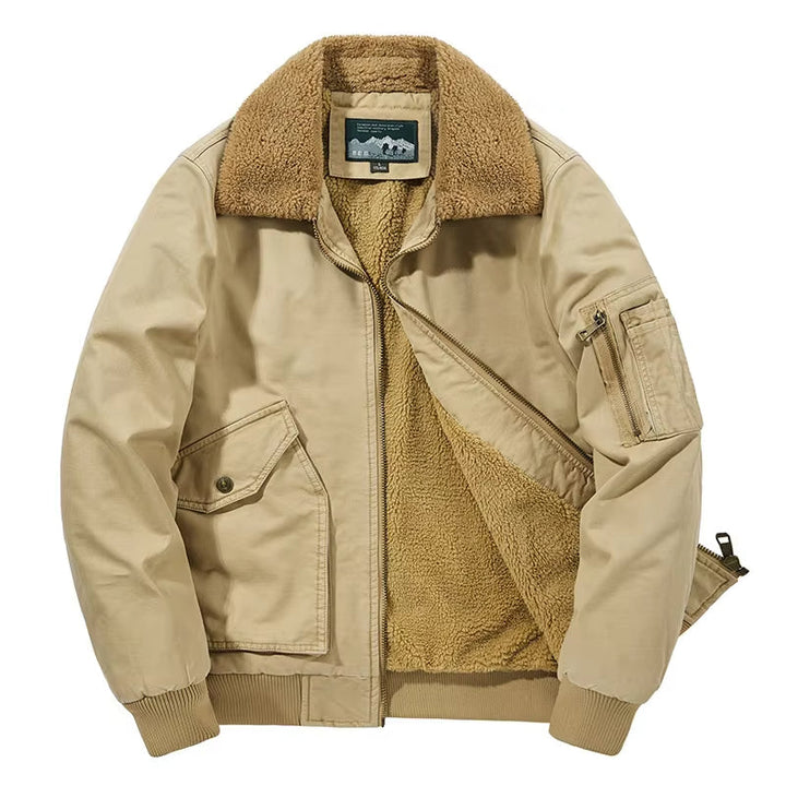 Stylish men's aviator bomber jacket, a warm & rugged utility outerwear for cold weather fashion.