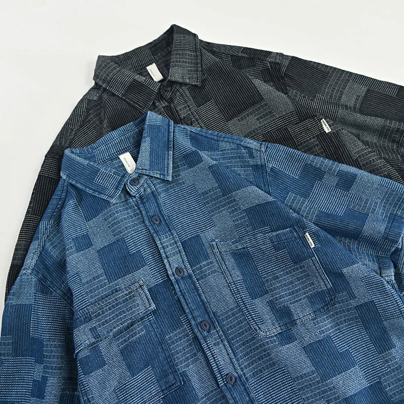 Rugged style men's casual button-up long-sleeve shirt. Multi-pocket design for everyday versatile wear. Blue or black.