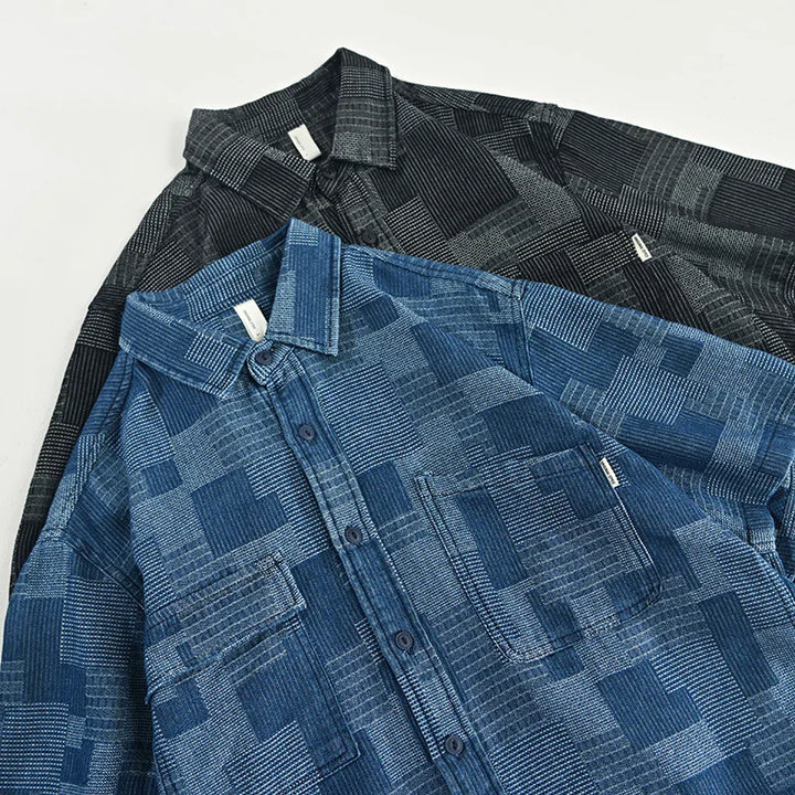 Rugged style men's casual button-up long-sleeve shirt. Multi-pocket design for everyday versatile wear. Blue or black.