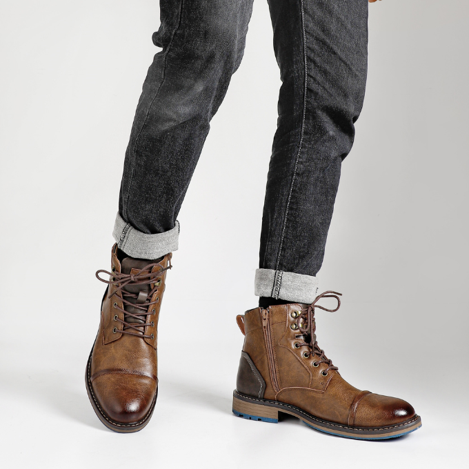 Comfortable & versatile men's brown zipper boots, ideal for rugged adventures or casual urban wear.
