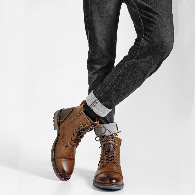 Dark brown men's fashion boots with a rugged look & easy zipper, offering both style and everyday comfort.