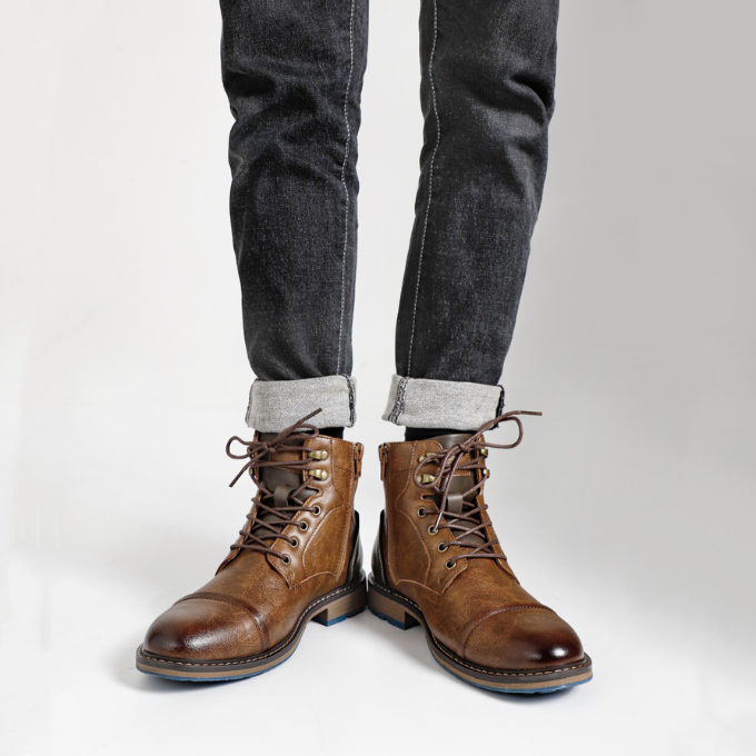 Casual men's dark brown ankle boots, rugged yet stylish, with a practical zipper for easy on/off.