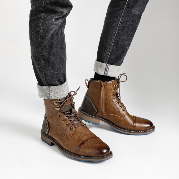 Durable men's rugged brown zipper boots, perfect for versatile everyday styling & ultimate comfort.