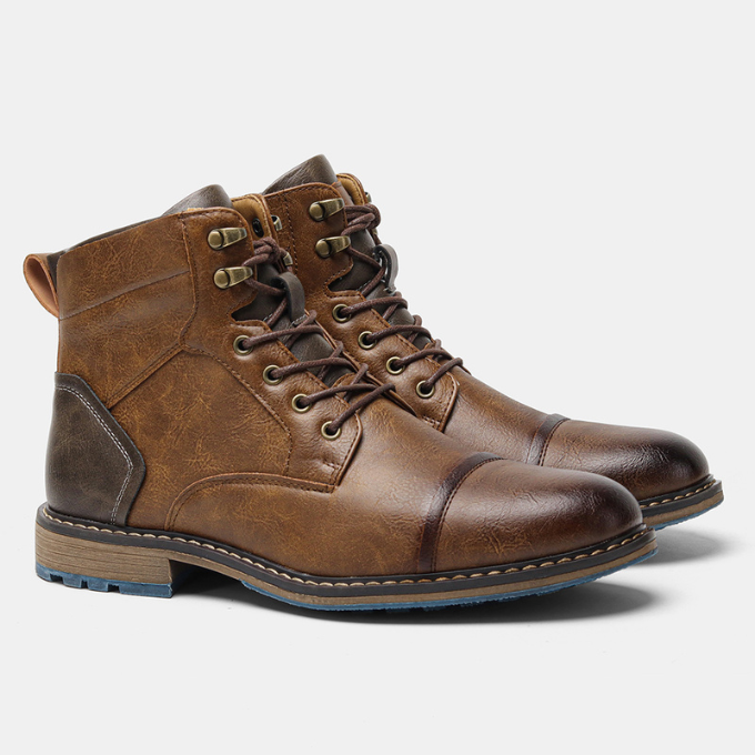 Comfortable men's rugged dark brown boots, designed with an easy zipper for versatile everyday wear.
