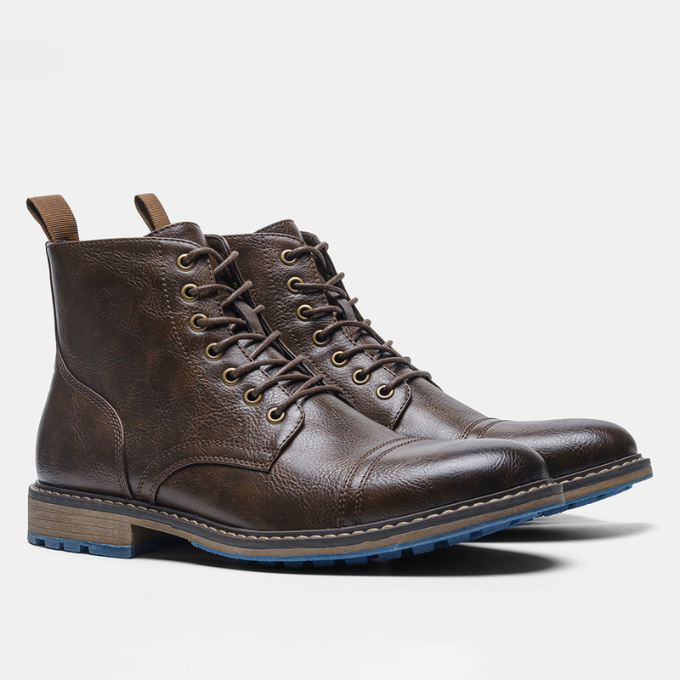 Men's fashion dark brown ankle boots, rugged and stylish, featuring a convenient zipper for casual use.