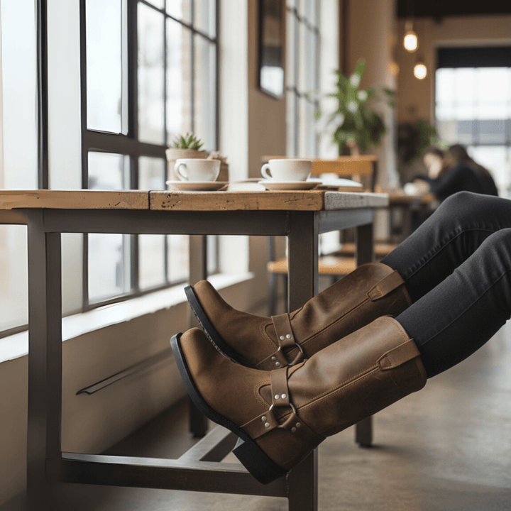 All-weather men's rugged harness boots, perfect for autumn & winter street style.