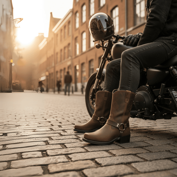 Tough men's footwear: brown harness boots with dependable, oil-resistant sole.
