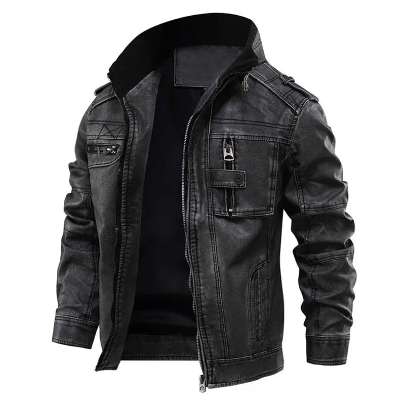 Men's rugged brown leather jacket, a timeless & durable outerwear piece for classic fall & winter street style.
