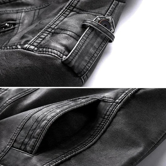 Classic men's rugged leather jacket, perfect for fall & winter street style; durable, comfortable, & timeless fashion.