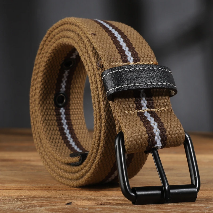 Men's canvas belt featuring a stylish double-ring buckle, ideal for casual outfits.